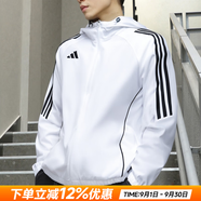 阿迪達(dá)斯（adidas）男裝夾克 2025秋季新款運(yùn)動服時尚風(fēng)衣快干透氣休閑梭織連帽外套 白/梭織快干/時尚三條紋 S 【165-170cm/110-120斤】