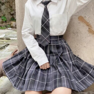 目迹套装女jk制服学生仙女少女领带结日系制服百褶裙短高腰夏秋 烟灰格裙+长袖白衬衫+领带 XL (115-125斤)