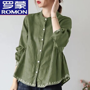 羅蒙（ROMON）春夏韓版高端立領(lǐng)襯衣女棉質(zhì)長(cháng)袖娃娃衫A字寬松遮肚大碼上裝 枯綠色 XL 建議120-135斤