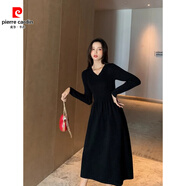皮爾卡丹小香風(fēng)V領(lǐng)收腰黑色針織連衣裙女秋冬配大衣長(cháng)款過(guò)膝打底a字毛衣裙 黑色【高級感穿搭/赫本風(fēng)長(cháng)裙/小香風(fēng)/今年流行漂亮 S