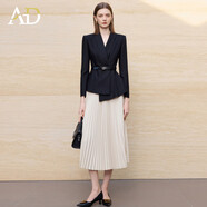AD簡(jiǎn)約氣質(zhì)通勤米白色百褶裙職場(chǎng)兩件套女新款職業(yè)裝西裝套裝 黑色西裝+【均碼】傘裙 S