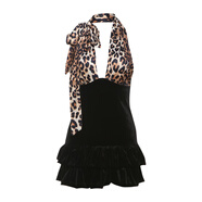 SY辣妹夜店蹦迪性感豹紋印花低胸蝴蝶結心機露背掛脖連衣裙 黑色 M