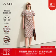 AMII女裝2025夏季新款夏季連肩袖撞色條紋翻領(lǐng)修身收腰中長棉 白咖條 L 165/88A