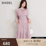 SNIDEL秋冬甜美淑女荷葉邊收腰百褶印花連衣裙SWFO244316 粉米色 S （0）