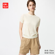 優(yōu)衣庫女裝精紡美利奴羊毛圓領(lǐng)針織衫/短袖通勤25秋冬新款478335 01 乳白色 M