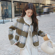 小野七天秋冬外套名媛小香風(fēng)格子大衣女短款毛呢氣質(zhì)外套英倫風(fēng)圓領(lǐng)雙排扣 淺綠色 L 100-125斤