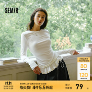 森馬（Semir）長袖T恤女純色木耳邊氣質緊身冬2025新款荷葉邊上衣簡約甜美 白色調00311 L