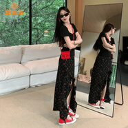 派吉鯊黑色碎花不規則開(kāi)叉半身裙子女夏季2025新款小眾設計高腰包臀長(cháng)裙 半身裙 XL 60/65kg