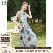 她池?zé)o袖連衣裙2024夏裝女高腰中長(zhǎng)裙T42B1723L 灰綠底彩波點(diǎn) S