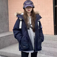 法蘿迪 短外套女秋冬女裝新款韓版寬松風(fēng)衣面包服工裝棉襖短款外套 藍色 M