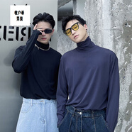蕉京法式高領(lǐng)t恤文藝范男生寬松長(cháng)袖上衣堆堆領(lǐng)內搭打底衫親膚舒適薄 高領(lǐng)長(cháng)袖t恤  黑色 L