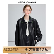 VEGA CHANG黑色皮衣女2025春秋寬松顯瘦機車風pu皮短外套 松綠黑 L