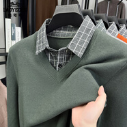 老爺車(chē)（LAOYECHE）假兩件毛衣男士秋冬襯衫領(lǐng)含羊毛長(cháng)袖針織衫保暖休閑爸爸裝打底衫 CX-RS2563灰綠 XL (175) 推薦135-155斤