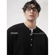 續點(diǎn)（XDIAN）亨利領(lǐng)假兩件長(cháng)袖t恤男棉圓領(lǐng)純色寬松拼接撞色打底衫秋冬季 黑白色 L