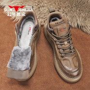 公牛世家男鞋秋季新款潮流軟底舒適運動(dòng)板鞋男士休閑鞋厚底皮面老爹鞋子男 卡其【加絨款棉鞋】GN124105191 40 (標準運動(dòng)碼)