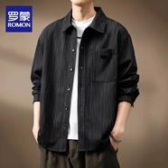 羅蒙（ROMON）高級感日系竹節紋襯衫外套男士春夏寬松大碼復古上衣工裝長(cháng)袖襯衣 黑色 L （120-140斤）