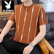 花花公子（PLAYBOY） 男式針織短袖T恤夏季高端修身冰絲圓領(lǐng)上衣薄款休閑格子半袖體恤 8橘色 L