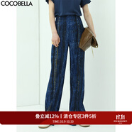 COCOBELLA重工壓褶印花直筒褲女寬松休閑開叉拖地長(zhǎng)褲PA921 牛仔藍(lán) XL