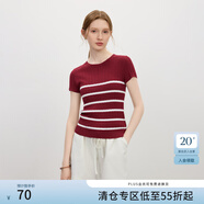 范思藍恩條紋圓領(lǐng)短袖針織衫t恤女夏季2025新款后背鏤空上衣2698 酒紅 S