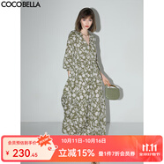 COCOBELLA田園度假風(fēng)雪紡連衣裙女氣質(zhì)高腰遮肉印花茶歇裙FR113 抹茶 L