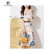 clotho Rennie品牌女裝印花連衣裙女2025夏季新款小個子氣質(zhì)撞色拼接顯瘦雪紡裙 花色 M