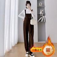 依鎏衣品秋冬純棉燈芯絨孕婦裝背帶褲可調(diào)節(jié)加絨加厚保暖吊帶長褲毛衣套裝 咖啡色（加絨）單件背帶褲 M適合90-115斤