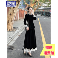 羅蒙品牌絲絨連衣裙套裝女 2025秋冬新款收腰上衣蕾絲拼接半身裙 黑色 XS 建議90斤以?xún)?
                                         title=