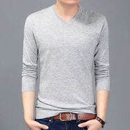 淘茲朗高端男裝秋裝長(cháng)袖t恤純色V領(lǐng)青年男士打底衫薄款休閑針織線(xiàn)衫 8821V領(lǐng)淺灰 S
