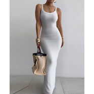 Women Striped UNeck Maxi Skims Dress歐美水波紋理緊身長裙女 白色2 S