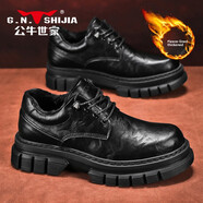 公牛世家（G.N.Shi Jia）皮鞋男款秋季英倫厚底休閑德比男鞋內增高大頭低幫馬丁鞋 黑色加絨款 38