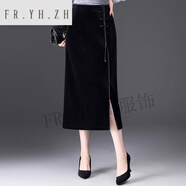 FR.YH.ZH金絲絨顯瘦黑色包臀裙中長款開叉一步裙25年秋冬款高腰直筒半身裙 黑色 M