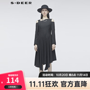 sdeer圣迪奧春季女裝時(shí)尚百搭A(yù)型寬松腰拉鏈長袖露肩條紋不規(guī)則通勤連衣裙女S20181214 黑色/91 M/165