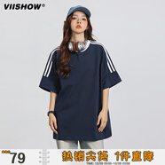 viishow拼接撞色美式重磅三條杠短袖T恤女男春夏季潮牌寬松情侶純棉半袖 藏青色 L
