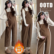 南叮雅格孕婦裝秋冬新款加絨加厚燈芯絨背帶褲休閑直筒褲+打底毛衣套裝 白色毛衣+卡其加絨背帶褲 XL