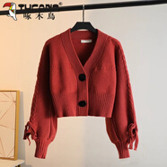 啄木鳥(niǎo)（TUCANO）小香風(fēng)V領(lǐng)針織開(kāi)衫外套女春秋款大碼胖mm顯瘦燈籠袖上衣短款毛衣 紅色 L