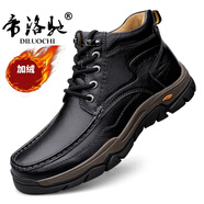 帝洛馳（DILUOCHI）秋冬真皮加絨休閑皮鞋英倫中幫棕色戶外大黃靴頭層牛皮保暖爸爸鞋 黑色光面加絨 46 (280mm) 皮鞋碼