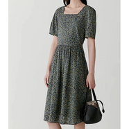 之禾（ICICLE）【Liberty印花】ICICLE之禾女裝25夏新款棉彈印花細布及膝連衣裙 深藍底植物印花 S