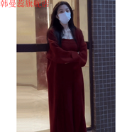 韓曼蕊韓版抹胸連衣裙針織開(kāi)衫外套兩件套秋冬新款中長(cháng)款性感毛衣套裝厚 紅色 S (建議100斤內)