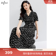 伊芙麗（eifini）伊芙麗V領(lǐng)圍裹式收腰顯瘦碎花連衣裙女2024夏裝新款氣質(zhì)碎花裙 黑色 長款 S 155/80A