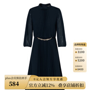 ScofieldScofield女裝法式小高圓領(lǐng)優(yōu)雅通勤七分袖百褶連衣裙氣質(zhì)中長(zhǎng)裙 藏青色 M 165