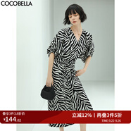 COCOBELLA設(shè)計(jì)感抽褶斑馬紋連衣裙女夏氣質(zhì)通勤V領(lǐng)長(zhǎng)裙FR911 黑底白條 S