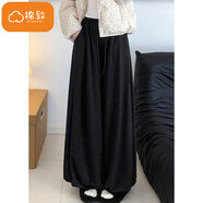 棉致加絨加厚羊羔絨休閑闊腿花苞糯米褲子女秋冬季高腰裙褲保暖棉褲 618黑色【常規高品質(zhì)】 M 100-115斤