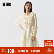 森馬連衣裙女荷葉邊蝴蝶結(jié)氛圍感優(yōu)雅方領(lǐng)裙子109124114003