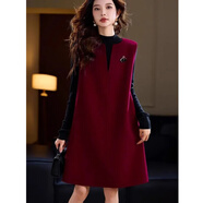 夏典素訂女王（SE.PSTP）安可拉紅呢子馬甲裙女秋冬季新款坎肩顯瘦百搭無(wú)袖背心毛呢連衣裙 酒紅色（無(wú)胸針） M 105斤內