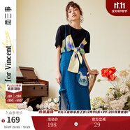 兩三事藍色背帶裙女秋季新款開叉顯瘦半身裙復(fù)古印花裙子親自征戰(zhàn) 藍色 M