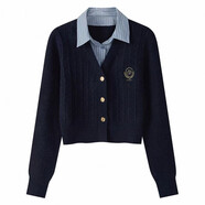 紫淑（Sweet basil）假兩件長(cháng)袖針織毛衣女秋冬季新款英倫學(xué)院風(fēng)修身短款開(kāi)衫上衣 藍色 M  建議90-105斤