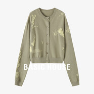 Basic House/百家好卡通刺繡開(kāi)衫外套秋季綿羊毛圓領(lǐng)長(cháng)袖針織衫女 葉黃色 L （105-120斤）