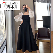 啄木鳥(niǎo)（TUCANO）大碼拼接連衣裙女2026春秋新款韓版薄款赫本風(fēng)長(cháng)袖氣質(zhì)黑色長(cháng)裙 黑色 M 建議70-90斤