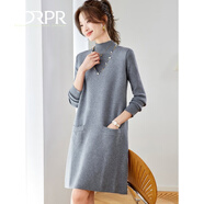 DRPR品牌女裝高級感釘珠針織連衣裙女秋冬氣質(zhì)顯瘦中長(cháng)款打底毛衣裙子 灰色 M 90-100斤