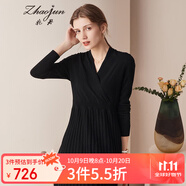 兆君秋冬交叉V領(lǐng)中長(zhǎng)款羊絨連衣裙女 收腰修身百搭毛衣針織連衣裙 午夜黑 2XL
